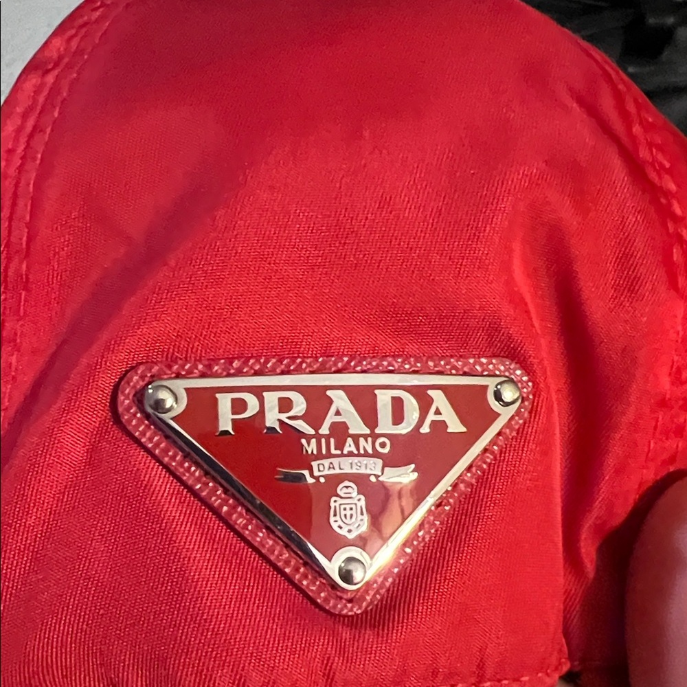 Prada Red Nylon Triangle Logo Patch with Silver Hardware
